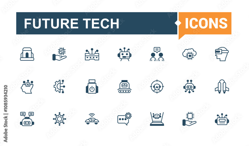 Poster future technology line icons set. featuring mind, innovation, algorithm, human, intelligence, iq, fu