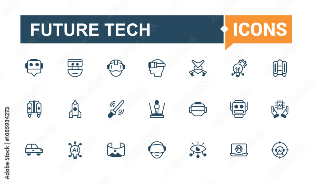 Poster future technology line icons set. featuring mind, innovation, algorithm, human, intelligence, iq, fu