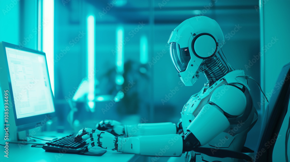 Poster robot typing on computer in a modern office environment with ambient blue lighting
