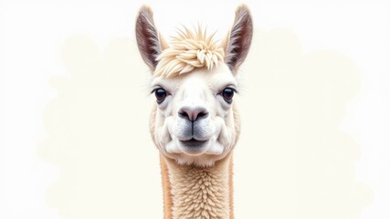 Portrait of happy smiling funny alpaca posing for camera close up.