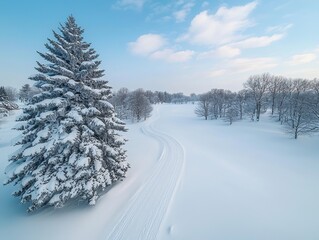 Obraz premium Tranquil Winter Wonderland Majestic Snow-Covered Evergreen Tree in Serene Snowscape, Ideal for Calendars and Travel Blogs