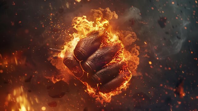 Dramatic metallic fist engulfed in flames with glowing embers and sparks against dark background