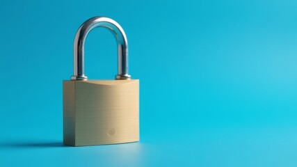 Naklejka premium A closed metal padlock stands on a blue background.