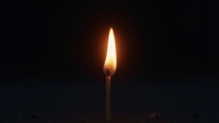 A single match burns with a bright, teardrop-shaped flame in the darkness