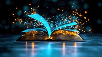 A photostock of a book with glowing pages and sparks, representing knowledge, imagination, and the power of ideas in a magical atmosphere. High Quality