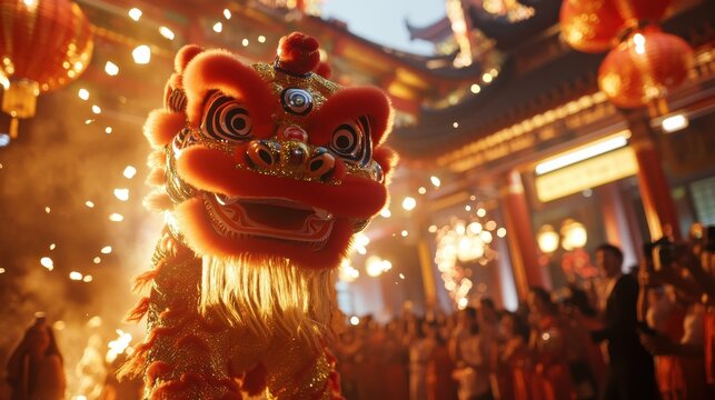 A lion dance performance in front of a decorated temple, energetic crowd and festive atmosphere, cinematic action