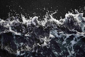 Drone aerial view of the sea or ocean waves splashing on a dark navy blue or gray sand beach with beautiful transparent clear water
