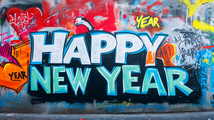 Colorful street art mural celebrating the New Year in an urban environment during daytime