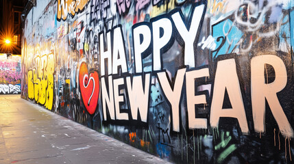 Colorful street mural wishing happy new year painted on a wall during nighttime