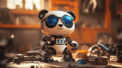Cute Panda Robot  Workshop Background  Technology  Future   Cyberpunk  Cool Sunglasses  3D