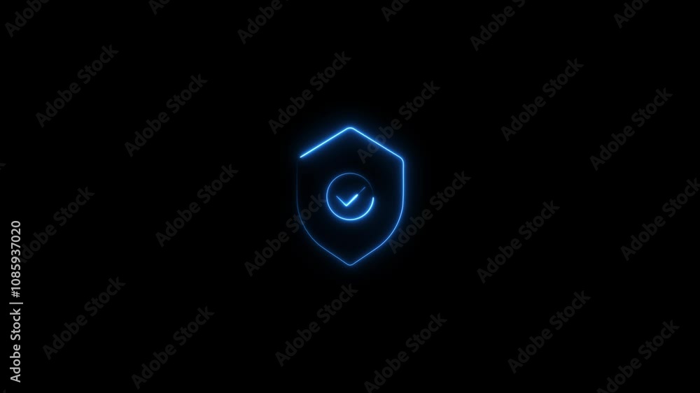 Poster neon security shield with check mark animation. neon check mark icon on black background.