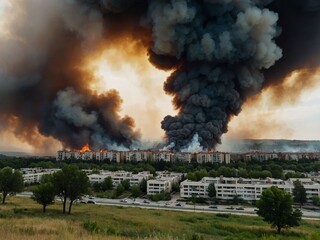 Fototapeta premium a huge fire in the city among buildings and structures high thick smoke in the sky