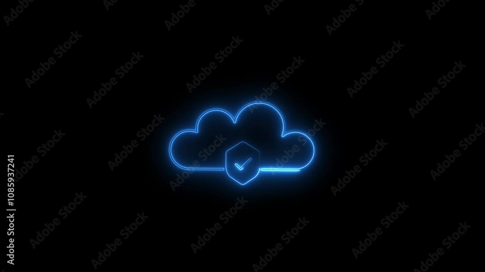 Poster neon glowing animated line icon of cloud with lock shield check mark icon . cloud data protection sa