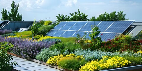 A green rooftop featuring solar panels and vibrant plants, promoting sustainability.