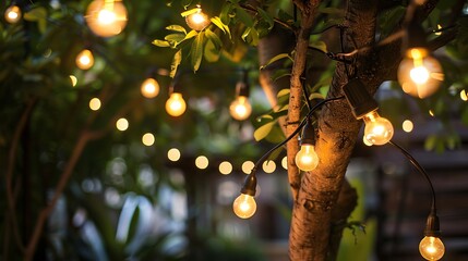 Tree branches lit with delicate string lights in a garden