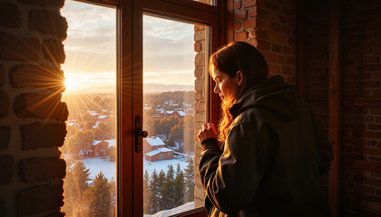 Fototapeta premium Woman looking out of window at sunrise over snowy village landscape