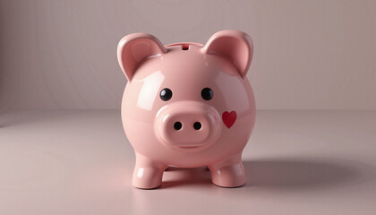Cute pink piggy bank with heart on a clean surface