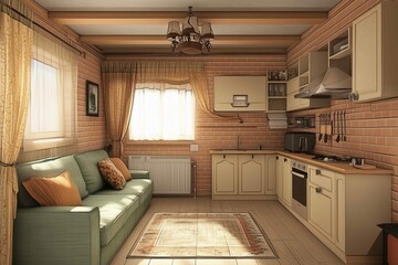 Fototapeta premium The interior of a small apartment with kitchen and living room. 3D rendering, 3D illustration. 