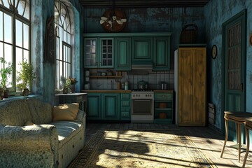 The interior of a small apartment with kitchen and living room. 3D rendering, 3D illustration.
