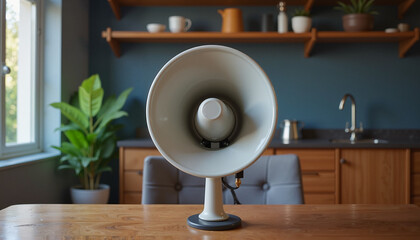 Vintage speaker on a table, modern mood, displayed in a cozy kitchen, stylish background