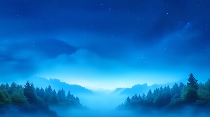 Serene blue landscape at dawn with misty mountains and lush trees under twinkling stars