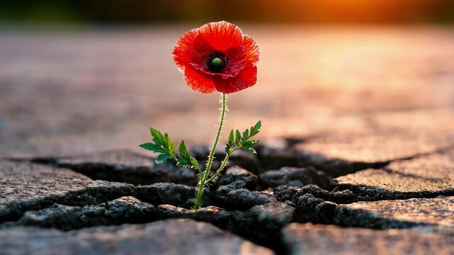 Anzac day tribute with poppy flower emerging from cracked ground at sunrise