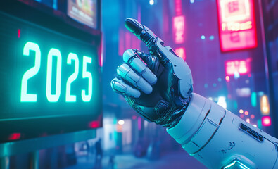 Futuristic robot arm displays 2025 in neon-lit cityscape during nighttime exploration