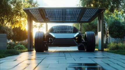 electric car under solar panel canopy, integrating renewable energy, sustainable future