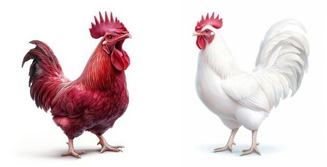 Fototapeta premium A vivid illustration of a red rooster and a white rooster showcasing their distinct features and colors.