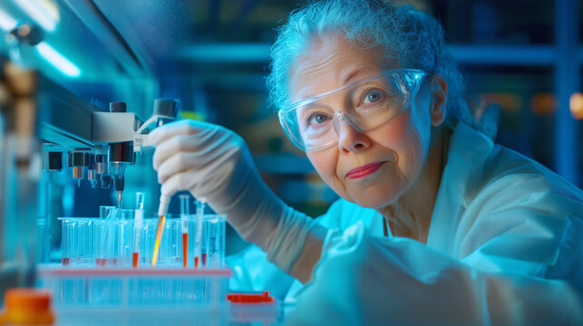 A senior scientist conducts experiments in a laboratory with test tubes under bright lighting