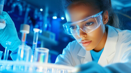 Young woman conducting scientific experiments in a lab at night with colorful liquids in test tubes