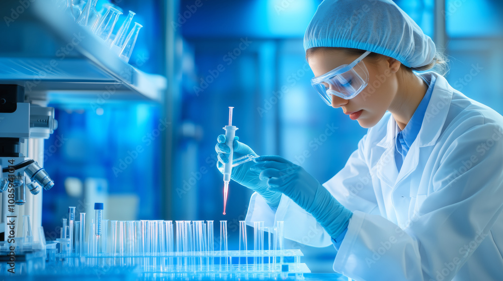 Poster scientist conducting experiments in a laboratory with test tubes during the day
