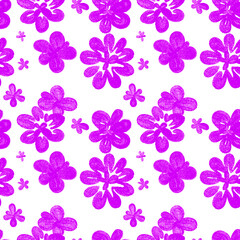 Playful bright pink flowers on white background, textured brushstrokes. The vivid purple, contrast, cheerful, artistic design. Illustration foe textile, wrapping paper.Hand drawn effect