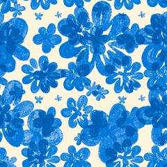 Playful floral pattern with blue flowers, textured brushstrokes. The vivid blue on white background, contrast, cheerful, artistic design. Illustration foe textile, wrapping paper.Hand drawn effect