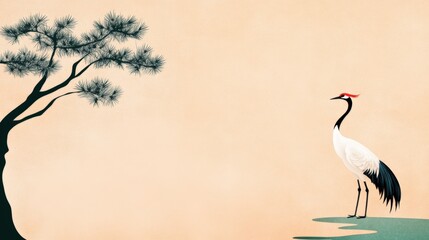 Naklejka premium Graceful Red-Crowned Crane Standing Beside Elegant Pine Tree on Calming Beige Background