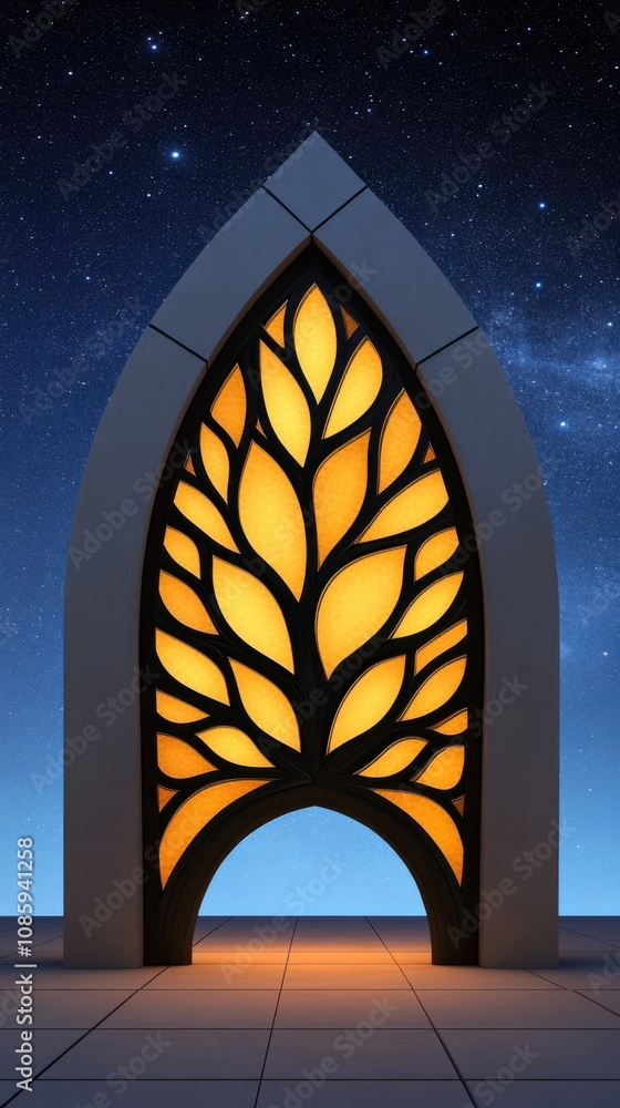 Poster illuminated abstract archway under starry night sky with geometric patterns