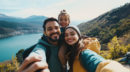 A family taking selfies together with a lake and mountains in the background at a scenic park viewpoint.
