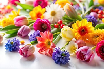 Colorful spring flowers scattered on white background at tilted angle