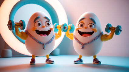 Obraz premium cute cartoon happy egg showing arm muscles, dumbbells