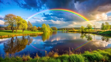 Colorful spring landscape with rainbow over pond
