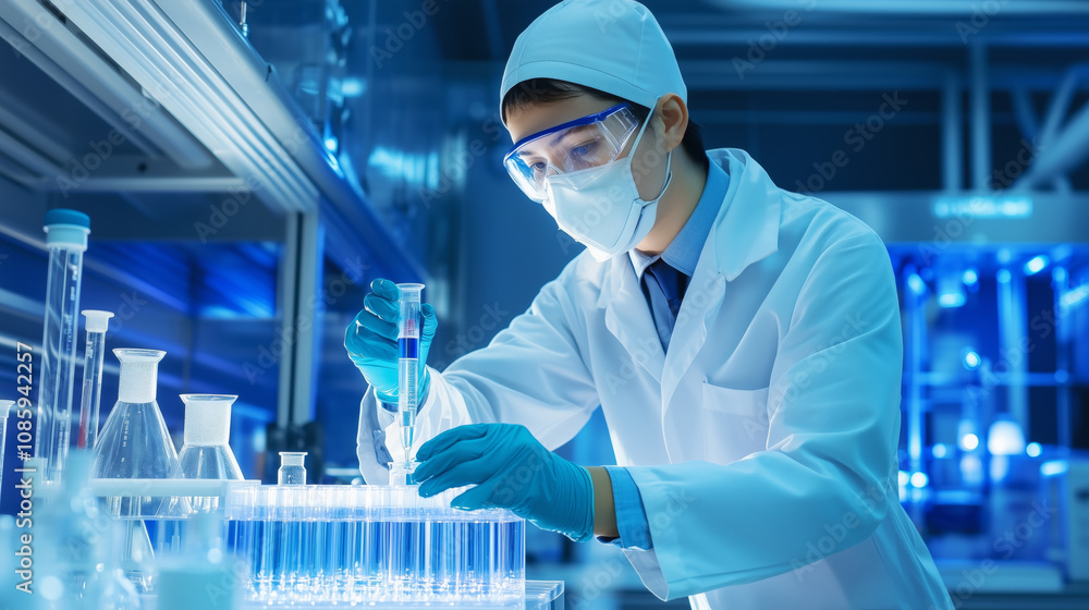 Poster scientist conducting experiments in a laboratory during the day with advanced equipment