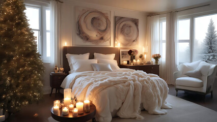 Fototapeta premium Elegant Bedroom with White Bed and Christmas Tree, Snow Falling Outside