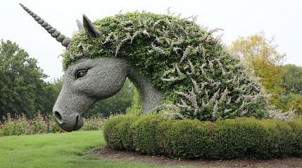 A beautifully shaped hedge unicorn with a detailed mane in an enchanting garden landscape on a cloudy day