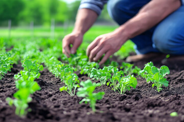 Farmer planting seeds in an organic vegetable garden, with rows of young green plants growing in the background.