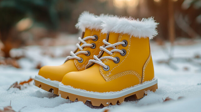 Cute Yellow Winter Boots for Kids in Snow