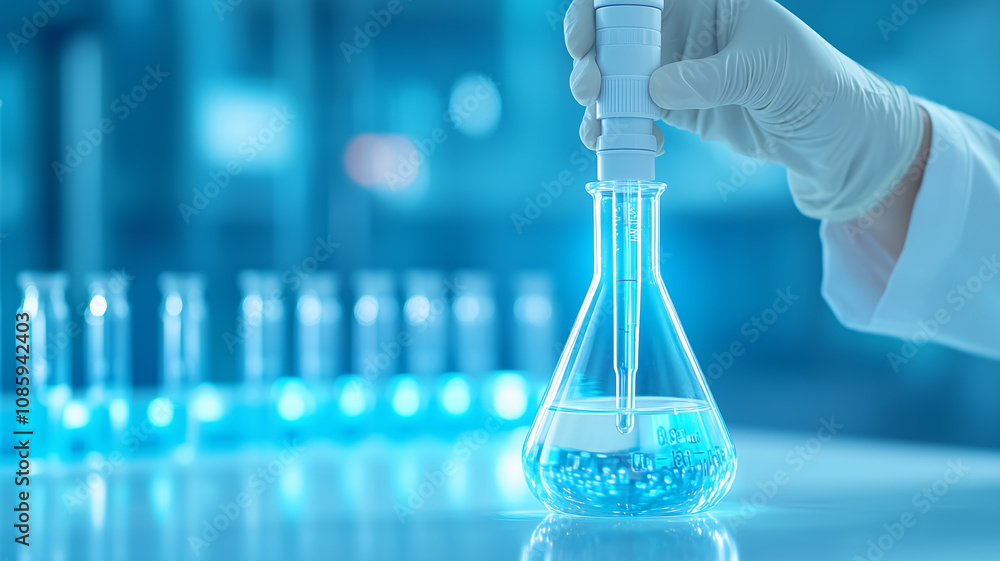 Poster laboratory technician conducting an experiment with blue liquid in a flask during a science session