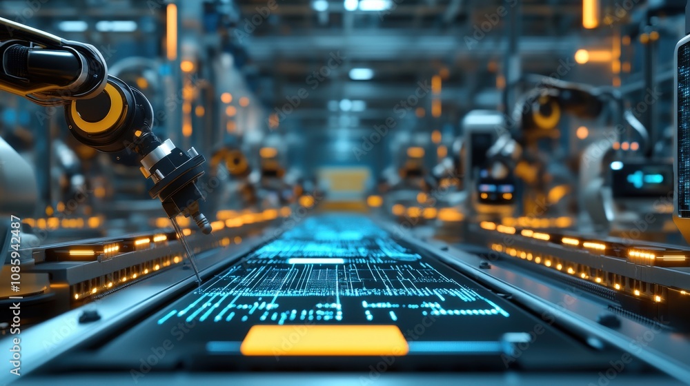 Poster robotic arm assembling circuit board in factory