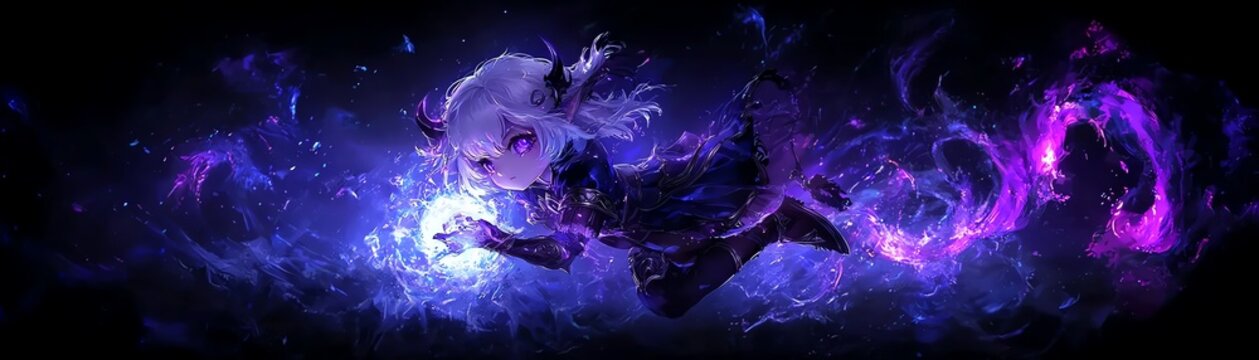 Fantasy character with purple magic in a mystical space.