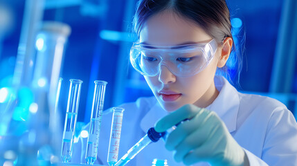 Young scientist conducts experiments in a laboratory with colorful liquids at night
