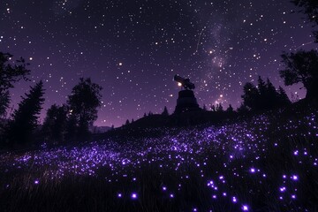 Naklejka premium Enchanting night sky over a glowing field of purple fireflies beneath the stars.